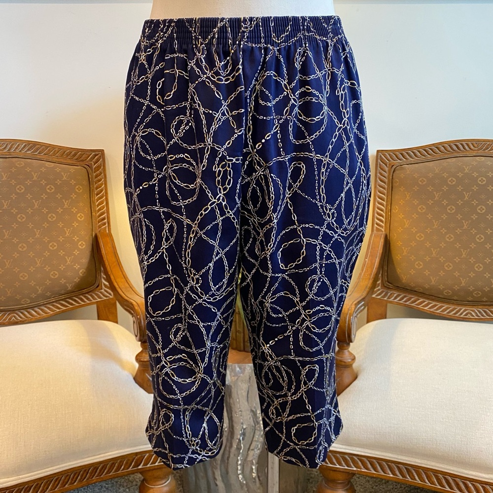 Vintage Navy Blue Chain Print Pants, Preppy Equestrian Summer Country Club Vibes - Picture 2 of 10